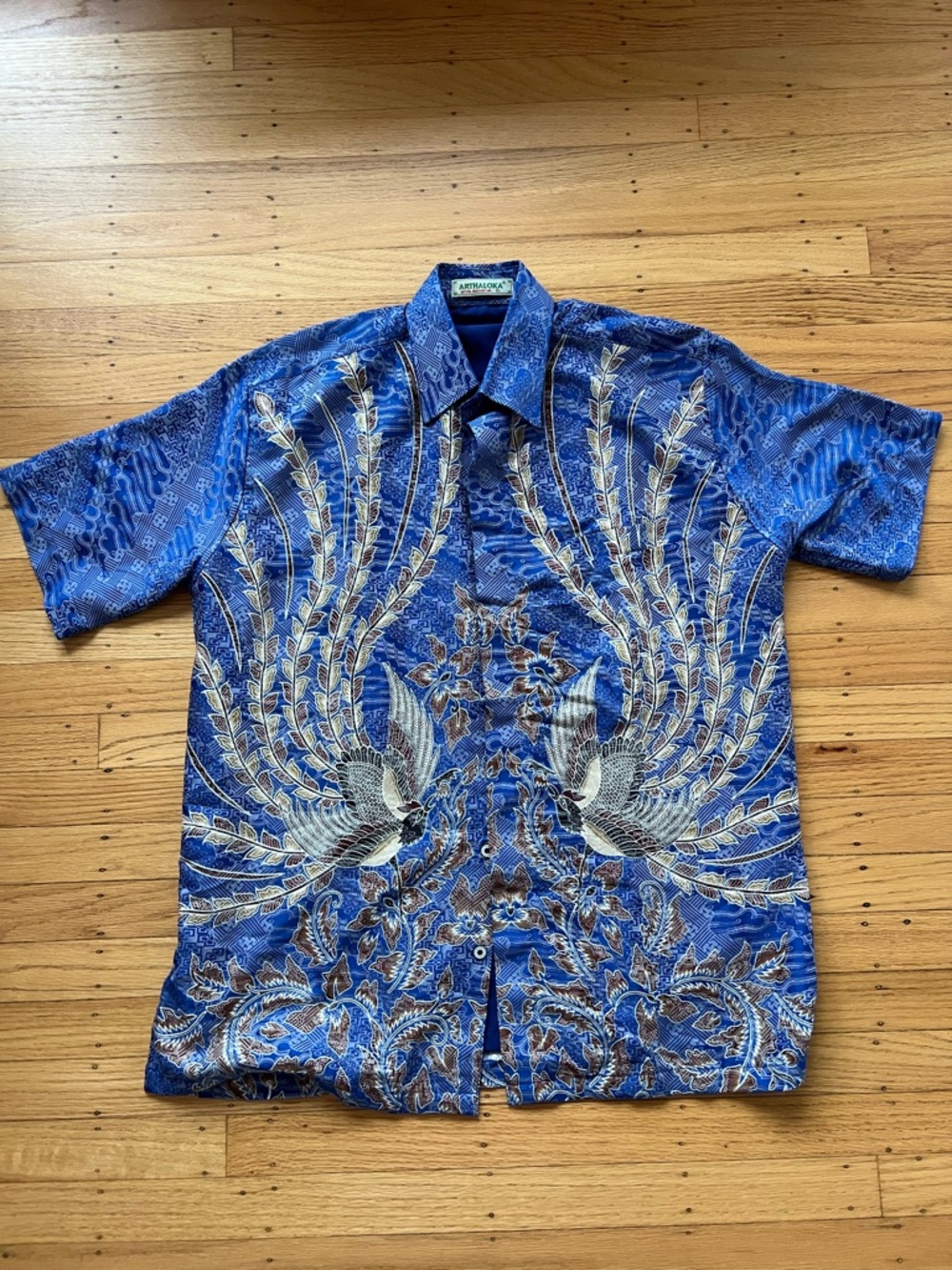 Vintage Hawaiian Indonesian Silk Batik Shirt Blue Phoenix Bird Pattern